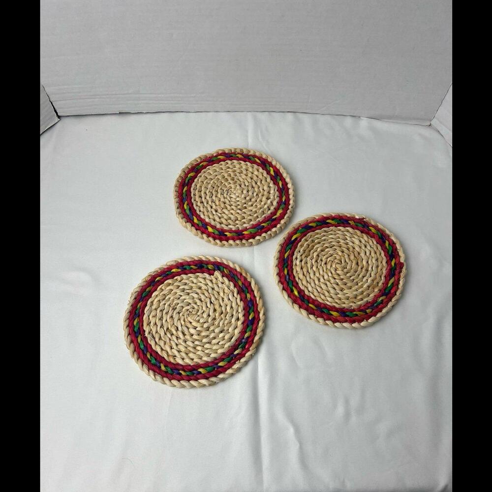 Vintage Lot Of 3 Woven Rattan Wicker Round‎ Circle Hot Pads